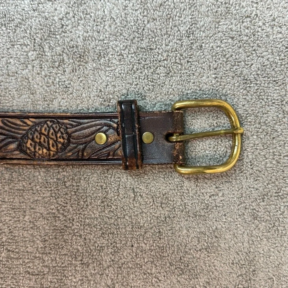 Vintage Hand Tooled Leather Belt Brown Western Floral Pineapple Size 36 Brass